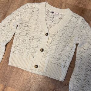 SO Juniors Cropped Cardigan Sweater XS White Pointelle Knit Button Up EUC Boho